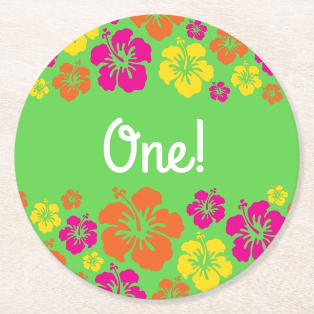 Aloha Cute Hawaiian 1st Birthday Party Theme Round Paper Coaster (Front)