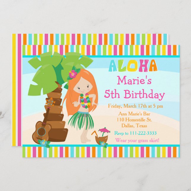 Aloha Cute Red Hair Girl Birthday Party Invitation (Front/Back)