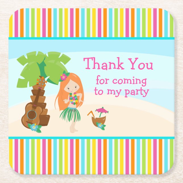 Aloha Cute Red Hair Girl 'Thank you for coming' Square Paper Coaster (Front)
