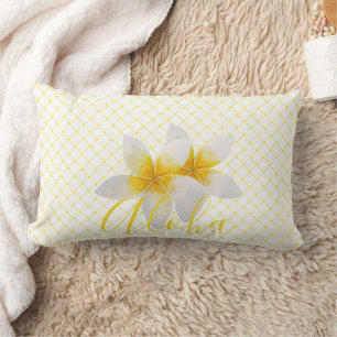Aloha   Elegant Tropical Flower & Yellow Trellis Lumbar Cushion