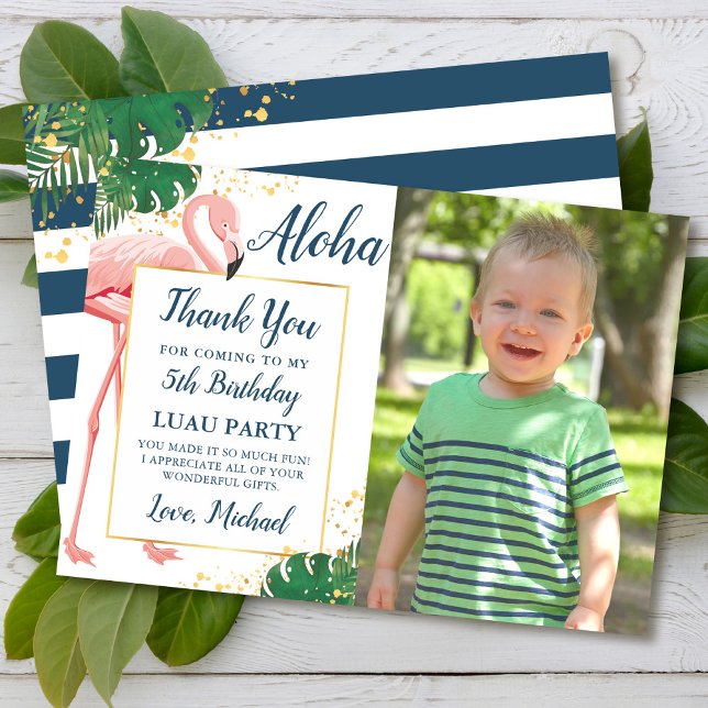 Aloha Flamingo Blue Gold Tropical Birthday Photo Thank You Card (Creator Uploaded)