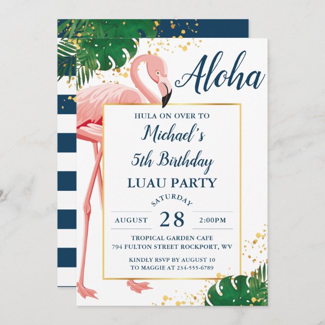 Aloha Flamingo Blue Gold Tropical Luau Birthday Invitation (Front/Back)