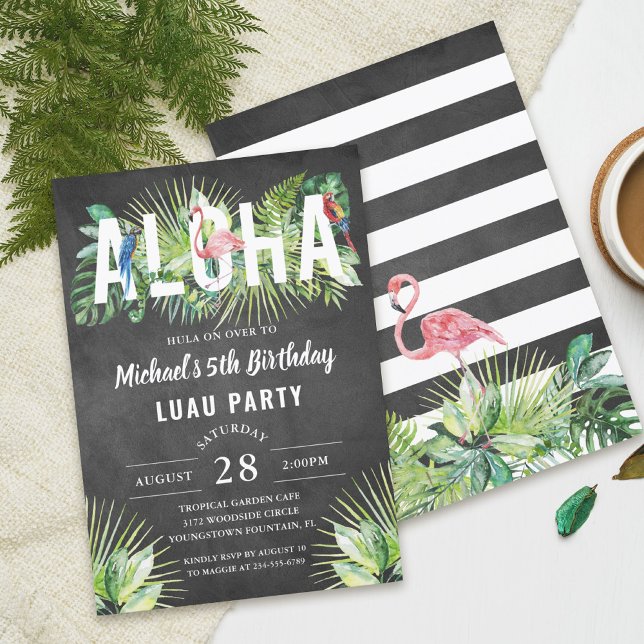 Aloha Flamingo Tropical Birds Black Luau Birthday Invitation (Creator Uploaded)
