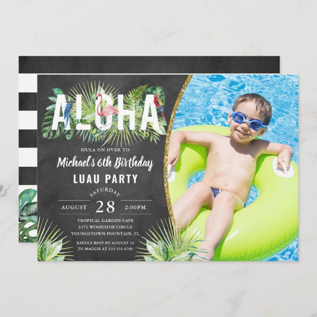 Aloha Flamingo Tropical Birds Luau Birthday Photo Invitation (Front/Back)