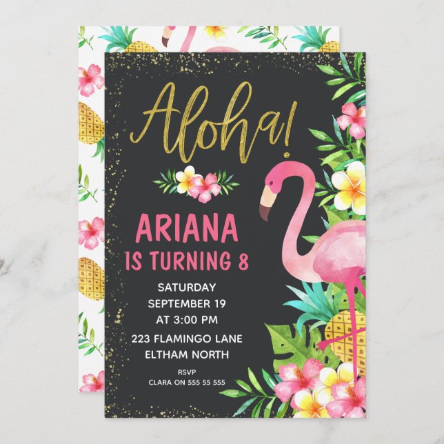 Aloha Flamingo Tropical Birthday Invitation (Front/Back)