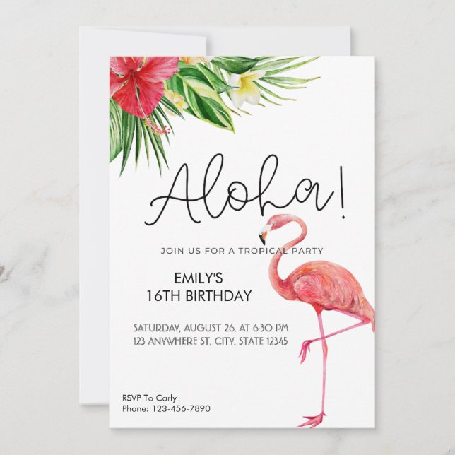Aloha! Flamingo Tropical Party Invitation  (Front)