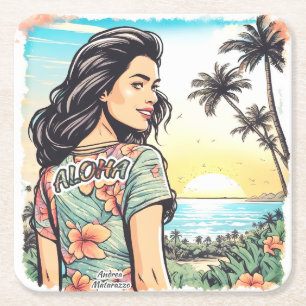 Aloha Girl Square Paper Coaster