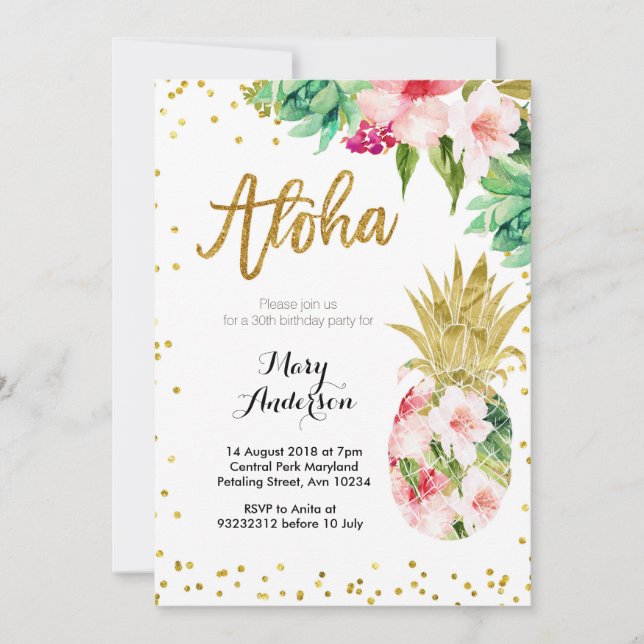 Aloha Gold Pineapple Birthday Invitation (Front)