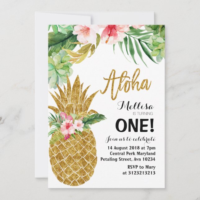 Aloha Gold Pineapple First Birthday Invitation (Front)