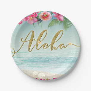 ALOHA Gold Tropical Beach Hibiscus Flowers Floral Paper Plate