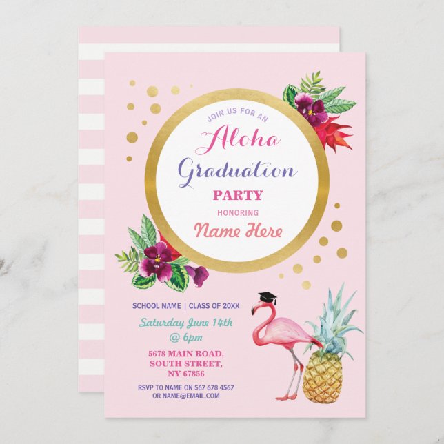 Aloha Graduation Party Flamingo Invite Tropical (Front/Back)