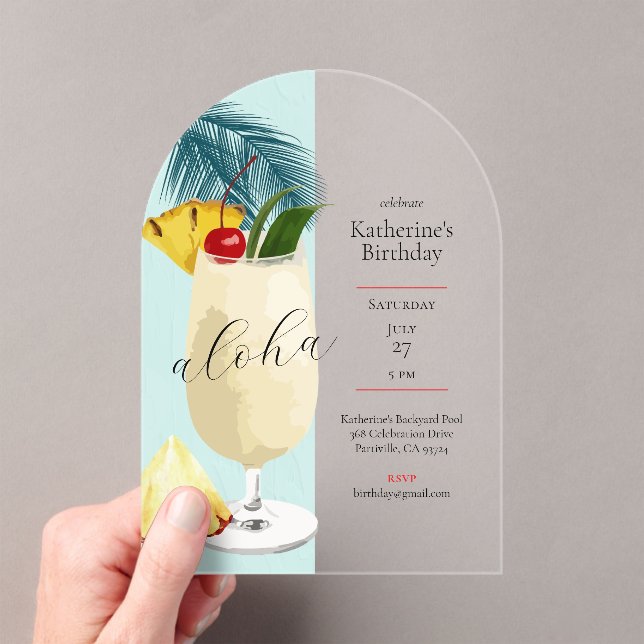 Aloha Green Pina Colada Cocktail Birthday Party Acrylic Invitations (Insitu (Handheld))