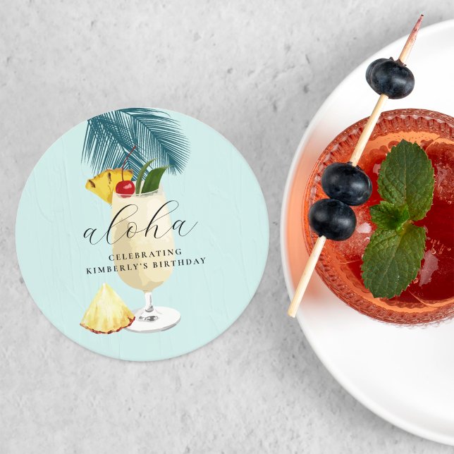 Aloha Green Tropical Pineapple Cocktail Birthday Round Paper Coaster (Creator Uploaded)