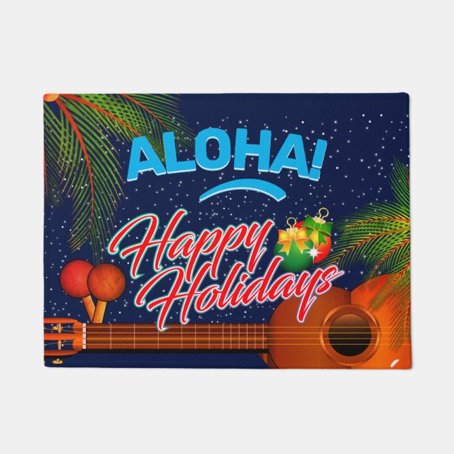 ALOHA Happy Holidays with Ukulele and Palm Doormat (Front)