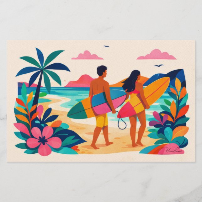 Aloha hawaii art surfer blank inside stationery (Front)