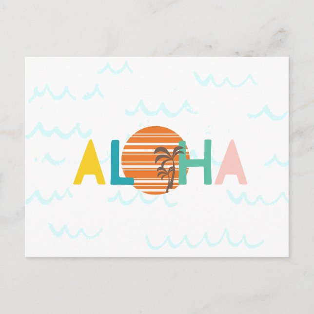 Aloha Hawaii Beach Waves, Sunset, Palm Trees Card (Front)