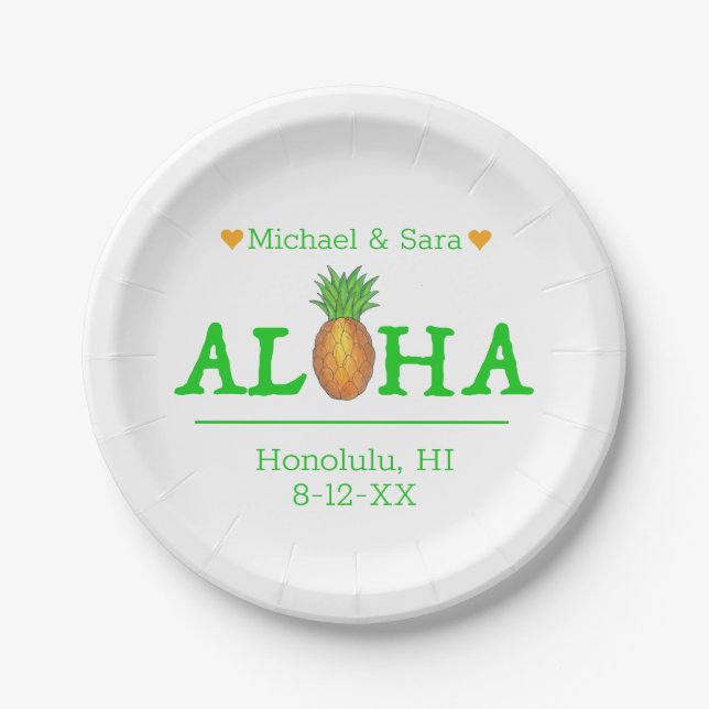 Aloha Hawaii Hawaiian Pineapple Island Wedding Paper Plate (Front)