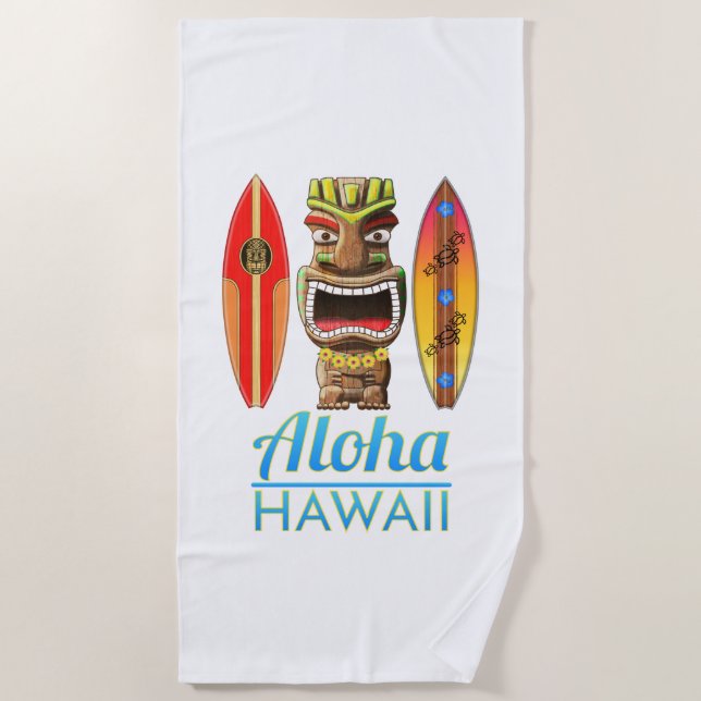 Aloha Hawaii Hawaiian Tiki Surfing Beach Towel (Front)