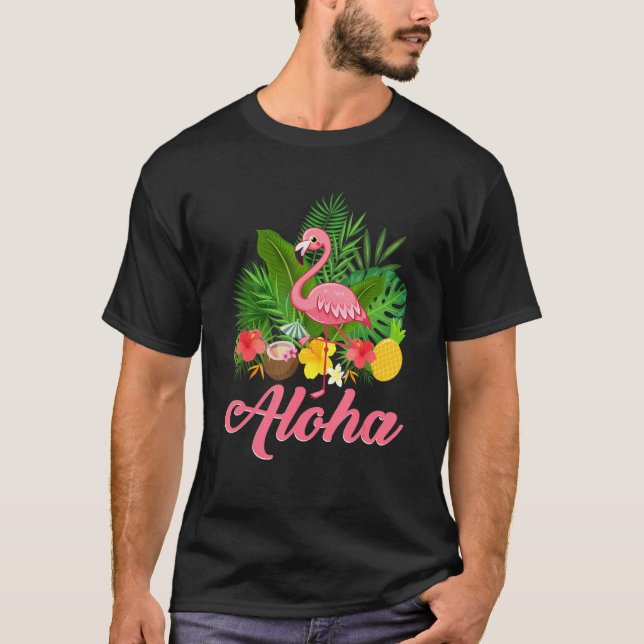 Aloha Hawaii Hawaiian Tropical Flamingo Summer Vac T-Shirt (Front)
