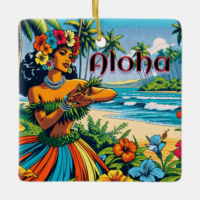 Aloha | Hawaii Hula Dancer on the Beach Ceramic Ornament (Front)