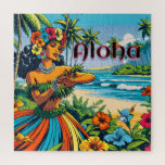 Aloha | Hawaii Hula Dancer on the Beach Jigsaw Puzzle<br><div class="desc">Pretty pop art comic book style ai art. Hula dancer on the beach surrounded by pretty Hibiscus tropical flowers and palm tress with an ocean background.</div>