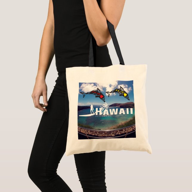 Aloha Hawaii Islands Dolphins Surfer Tote Bag (Front (Product))