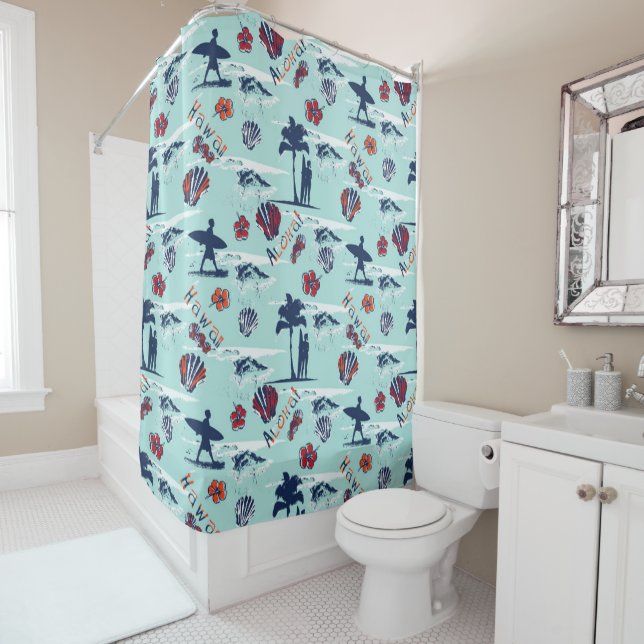 Aloha Hawaii Palm Trees Surf Hawaii Pattern Shower Curtain (In Situ)