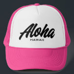 Aloha Hawaii script typography custom colour Trucker Hat<br><div class="desc">Aloha Hawaii brush script typography custom colour Trucker Hat. Custom black and white baseball cap for summer, beach, casual wear, sports, travel, golf and more. Stylish hand lettering design for men and women. Available in other cool colours too. Add your own American state or text optionally. Fun Birthday gift idea...</div>