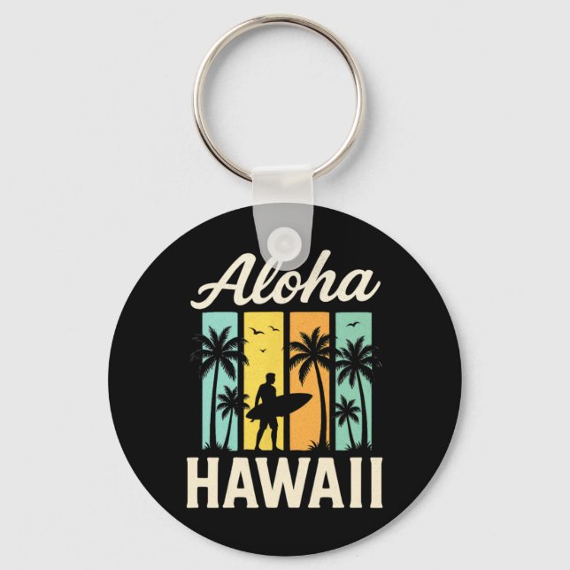 Aloha Hawaii - Surfing Beach Palm Tree Sunset  Key Ring (Front)
