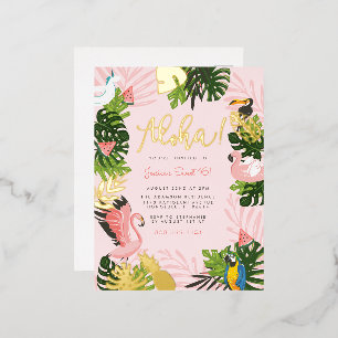 Aloha Hawaii Tropical Summer Gold Birthday Party Foil Invitation Postcard