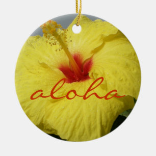 Aloha, Hawaii Yellow Hibiscus Ceramic Ornament