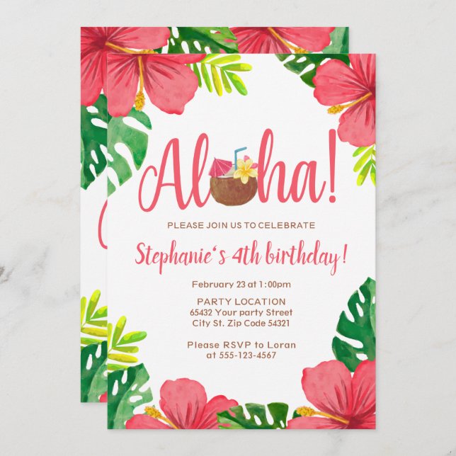 Aloha, Hawaiian Birthday Party Invitation (Front/Back)