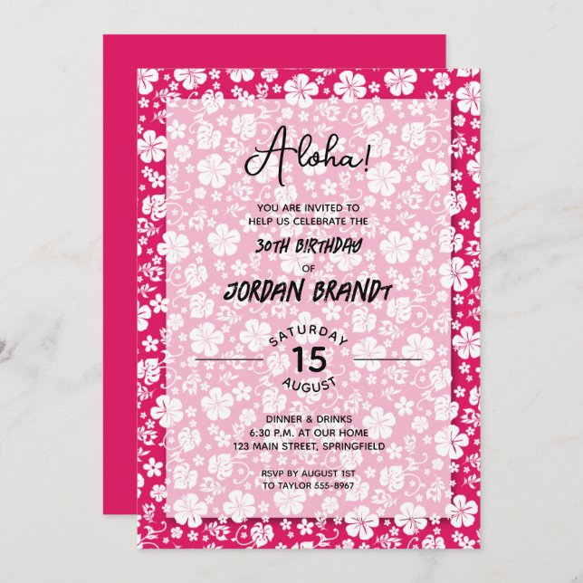 Aloha Hawaiian Floral Hot Pink Birthday Party Invitation (Front/Back)