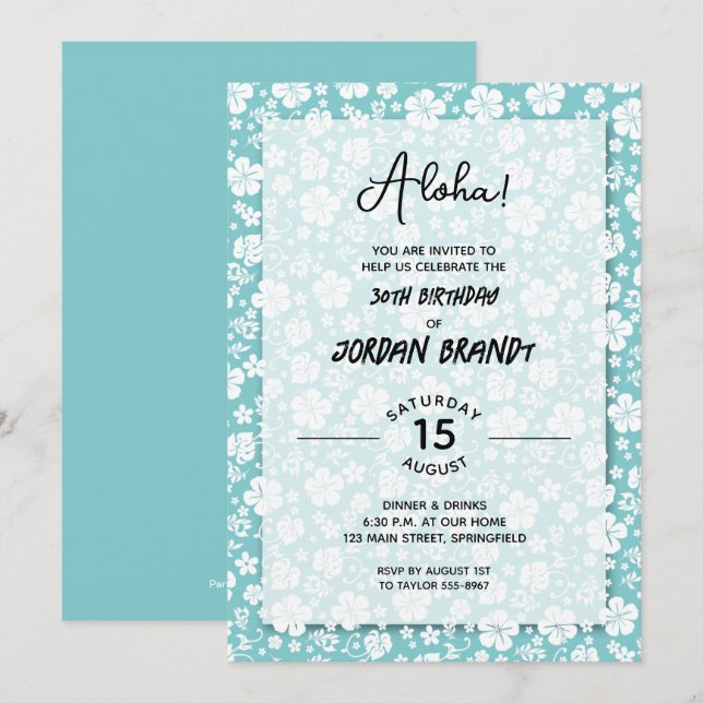 Aloha Hawaiian Floral Turquoise Birthday Party Invitation (Front/Back)