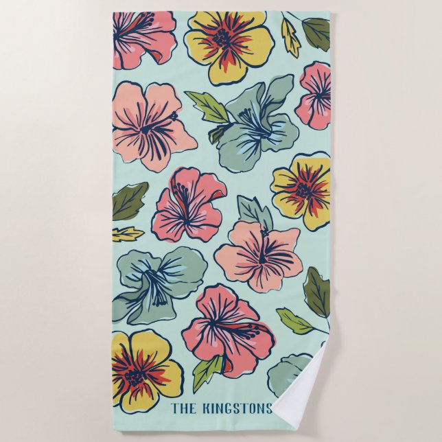Aloha Hawaiian Flowers and Family Name Beach Towel (Front)
