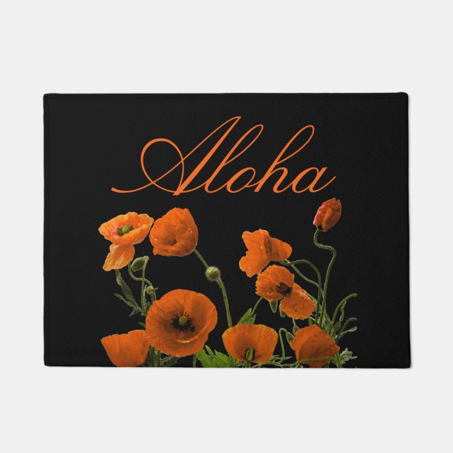 Aloha Hawaiian Hibiscus Flower Floral Black Orange Doormat (Front)
