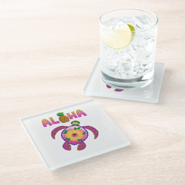 Aloha Hawaiian Honu Turtle Glass Coaster (Angled)