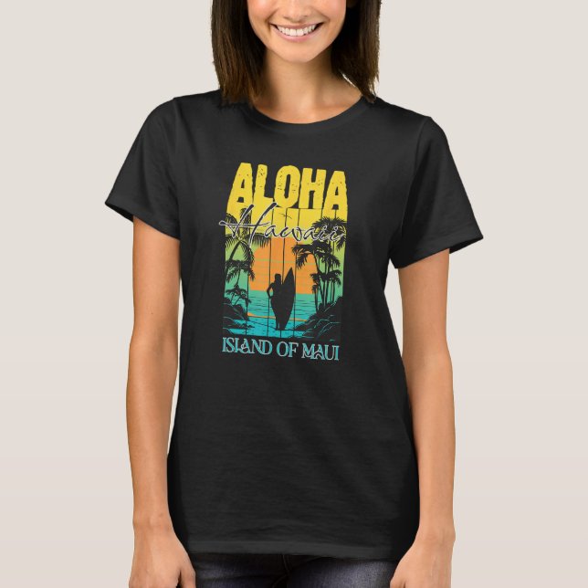 Aloha Hawaiian Island Maui Surfer Sunset Palm Tree T-Shirt (Front)