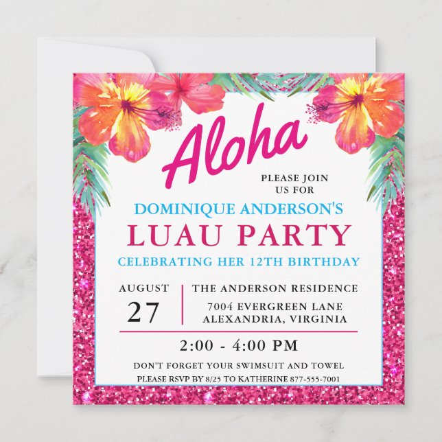 Aloha Hawaiian Luau Hibiscus Pink Glitter (Front)