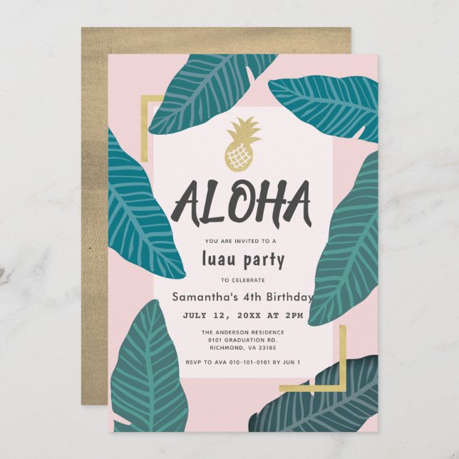 Aloha Hawaiian Luau Pineapple Blush Pink Birthday Invitation (Front/Back)