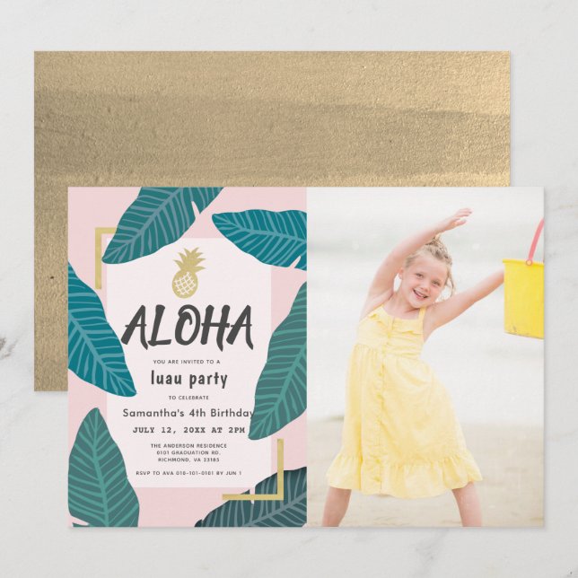 Aloha Hawaiian Luau Pineapple Photo Pink Birthday Invitation (Front/Back)