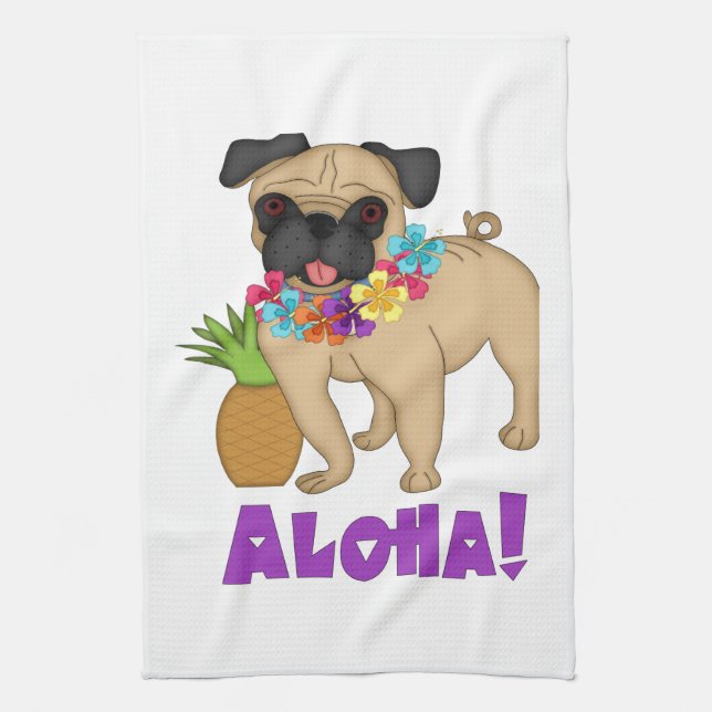 Aloha! Hawaiian Luau Pug and Pineapple Tees, Gifts Tea Towel (Vertical)