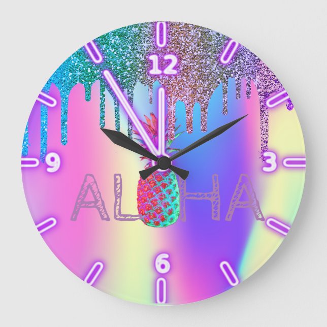 Aloha Hawaiian Pineapple Holographic Glitter Drips Large Clock (Front)