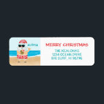 Aloha Hawaiian Santa Beach Christmas Address Return Address Label<br><div class="desc">Hawaiian theme Christmas return address labels feature Santa on a tropical beach in red and white hibiscus pattern shorts sipping from a pineapple, with an "Aloha" greeting in turquoise blue. Personalise with your return address info and holiday greeting (shown with "Merry Christmas", but you could change it to Mele Kalikimaka...</div>