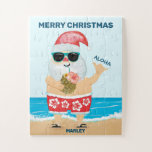 Aloha Hawaiian Santa Beach Kids Christmas Jigsaw Puzzle<br><div class="desc">Hawaiian theme kids Christmas jigsaw puzzle features Santa on a tropical beach wearing red and white hibiscus print swim shorts,  sipping from a pineapple. The holiday greetings (shown here with Merry Christmas and Aloha) and name can each be personalised for a unique holiday gift. Original artwork KL Stock.</div>