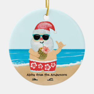 Aloha Hawaiian Santa Tropical Beach Christmas Ceramic Ornament