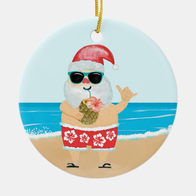 Aloha Hawaiian Santa Tropical Beach Christmas Ceramic Ornament (Front)