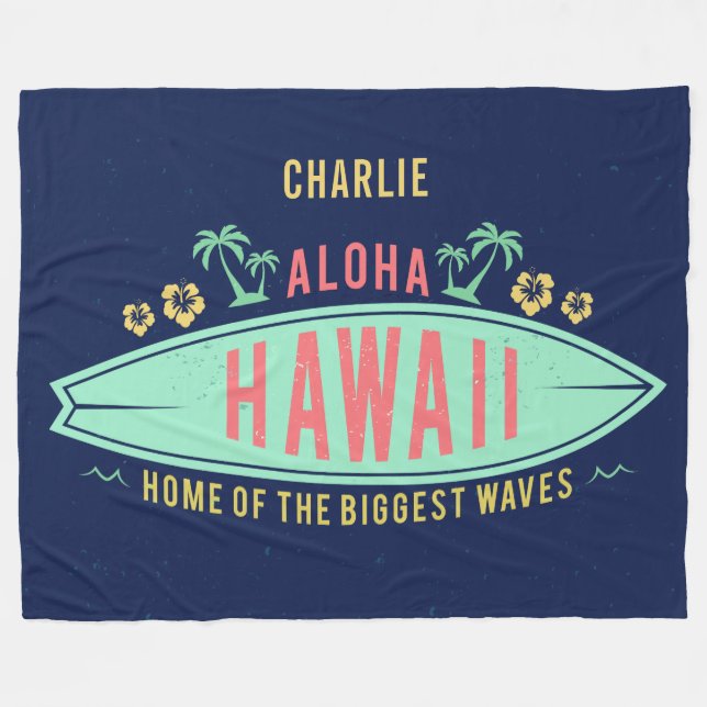 Aloha Hawaiian Surfer custom name fleece blanket (Front (Horizontal))
