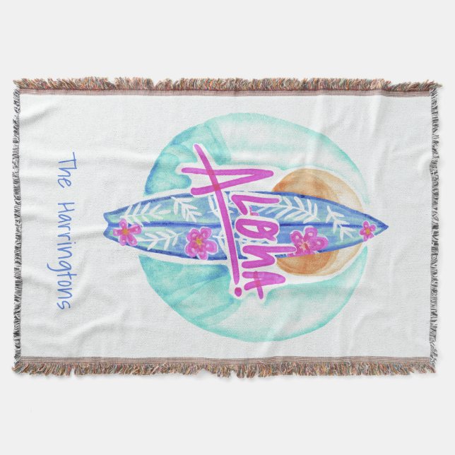Aloha Hawaiian Surfer custom name throw blanket (Front)