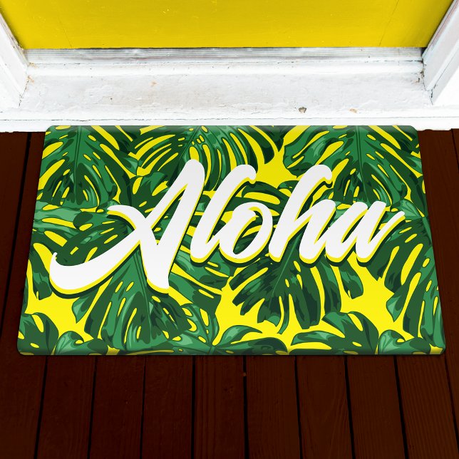 Aloha Hawaiian Tropical Green Yellow Palm Leaves Doormat (Creator Uploaded)